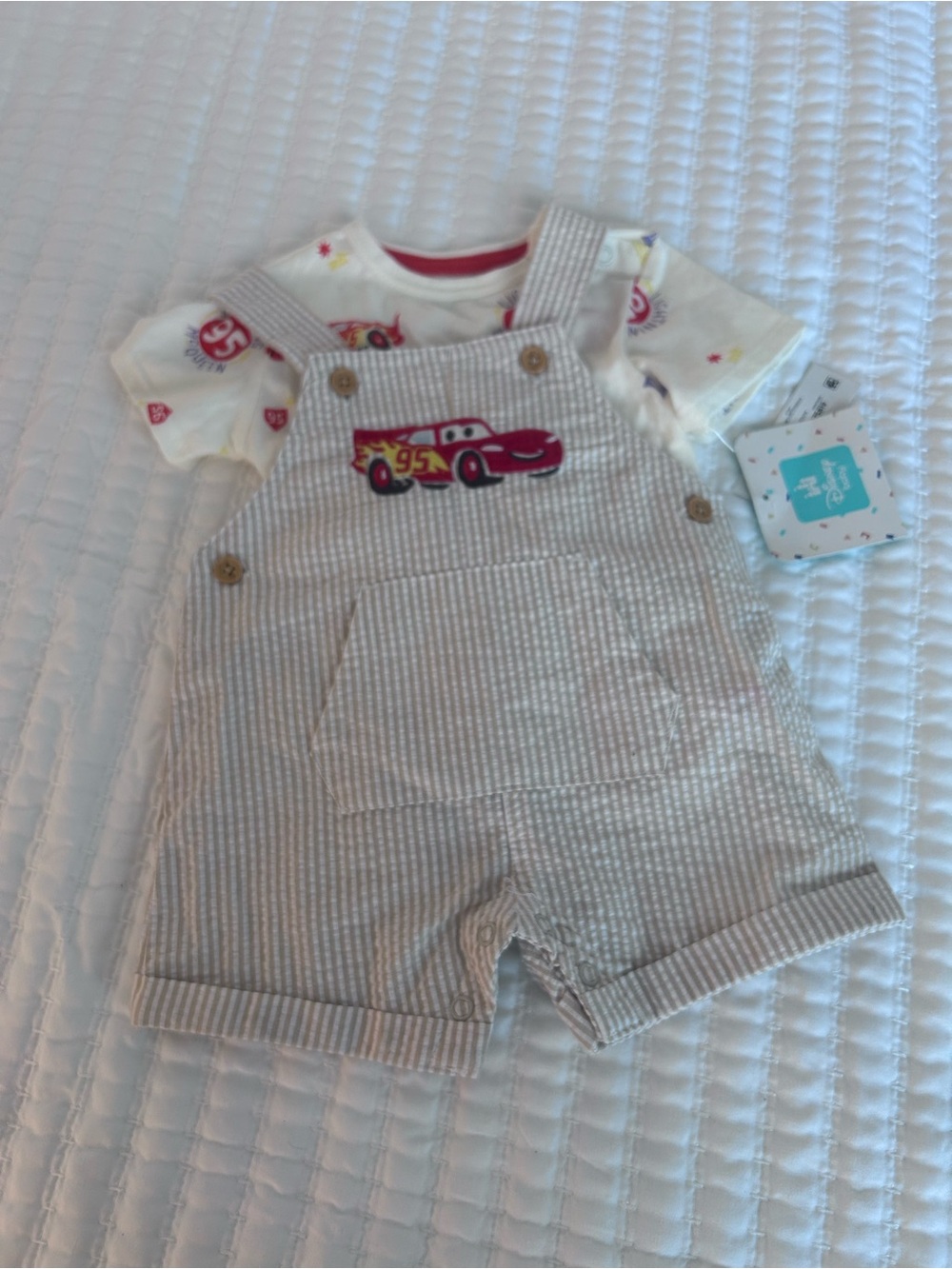 Disney Beige Seersucker Overalls with Red Lighting McQueen. Size 0-3M. NWT